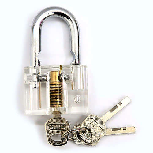 Transparent Padlock with keys and tools to Practice Picking lock for locksmiths