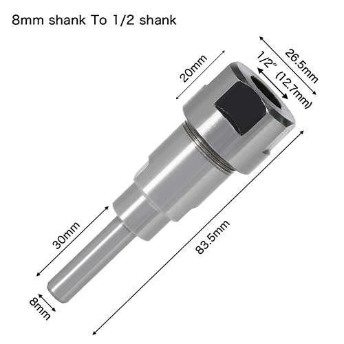 8mm to 12.7mm (half inch) shank Router Bit Extension Rod Collet