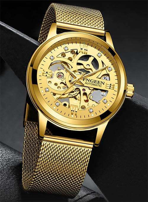 Skeleton automatic mechanical luminous watch gold net