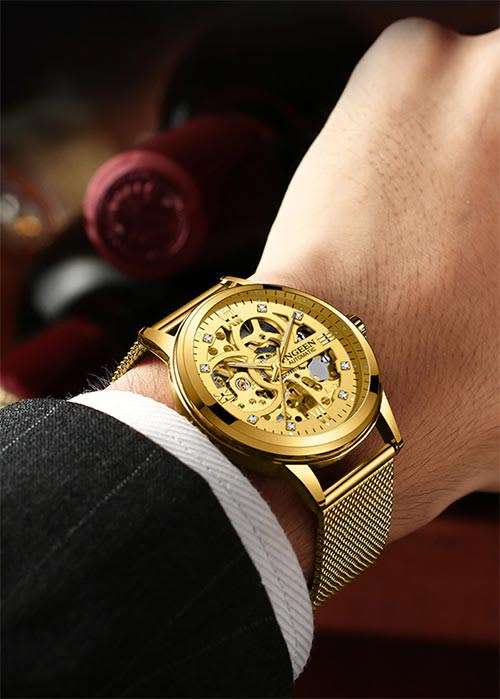 Skeleton automatic mechanical luminous watch gold net