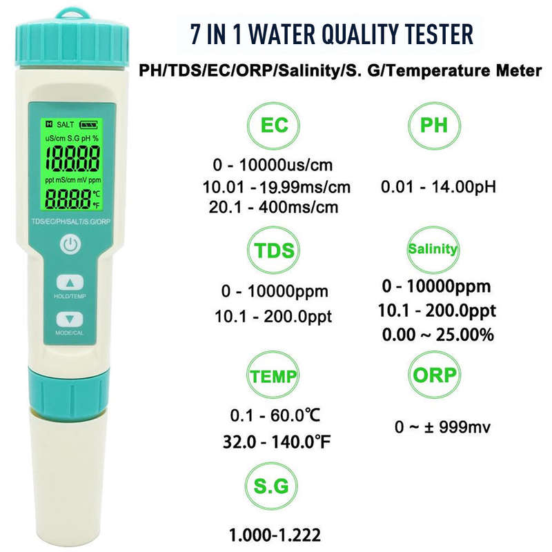 7 In 1 PH TDS EC Salinity S.G. Temperature ORP Meter with Retail packaging