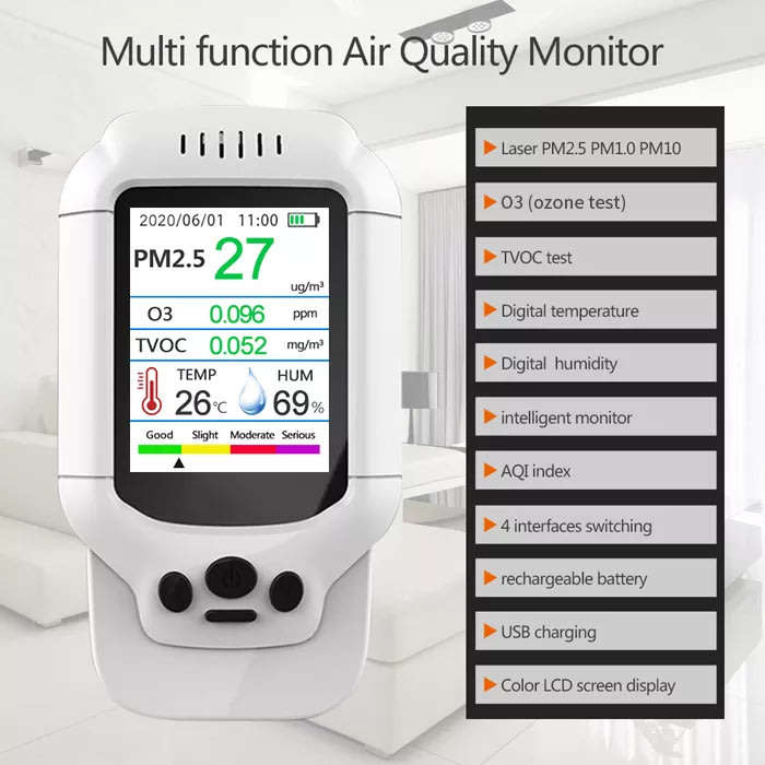 8 in 1 Air Quality meter pm2.5 pm10 pm1.0 TVOC O3 Ozone temp humidity aqi monitor
