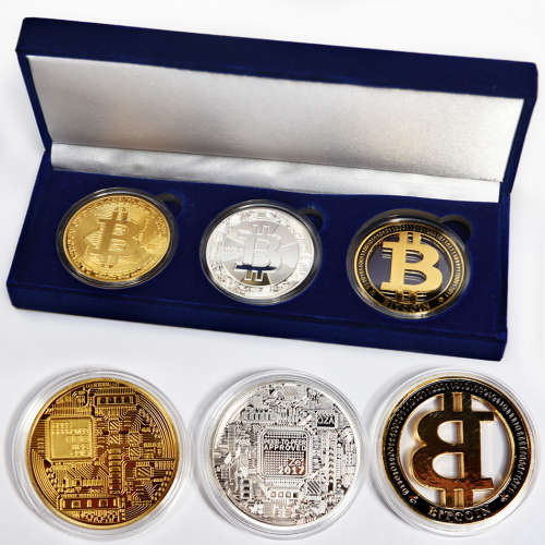 3 coin gold plated, silver plated and cut out bitcoin set in blue velvet presentation box