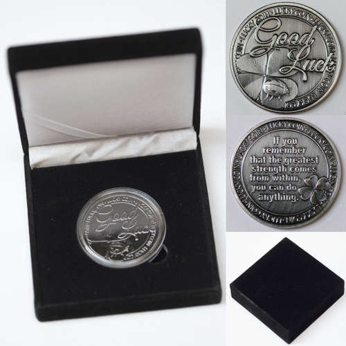 Good Luck Medallion in gun metal finish in black velvet presentation box