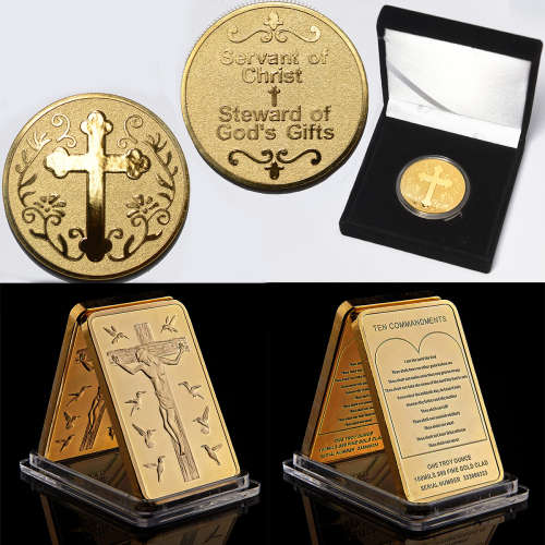 Jesus 10 Commandments 1oz gold clad bar + Servant of Christ 1oz gold plated in box