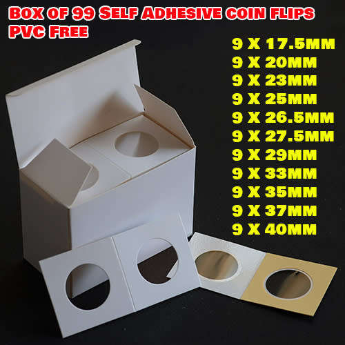Box of 99 assorted self adhesive coin flips holders PVC free