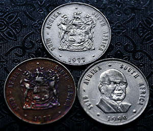 2X 1977 and 1X 1990 South Africa Springbok R1 one rand nickel coins