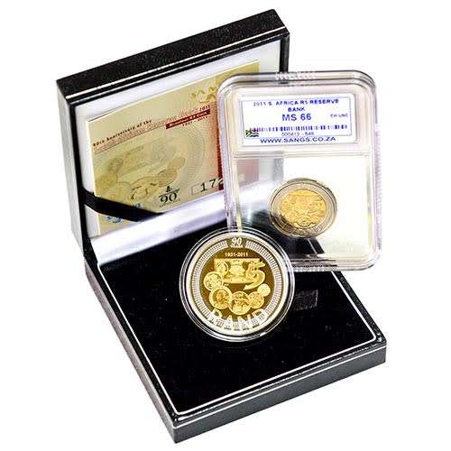 2011 Proof SARB 90th Anniversary Silver Crown R5 Coin plus 2011 R5 SANGS graded MS66