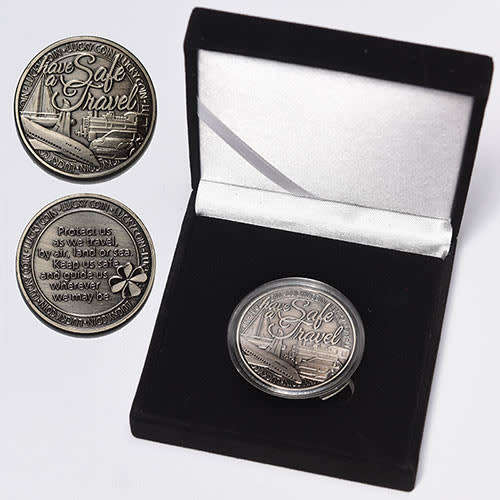Have a Safe Travel Medallion in gun metal finish in black velvet presentation box
