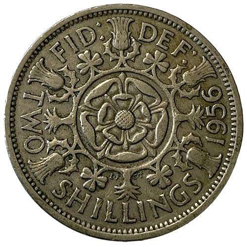 1956 United Kingdom 2 Shillings - Elizabeth II 1st portrait, no `BRITT:OMN`
