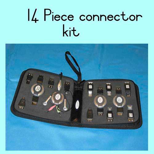 14 Piece USB/Fire Wire/RJ-11/RJ-45/Earphone kit in a zip up leather bag