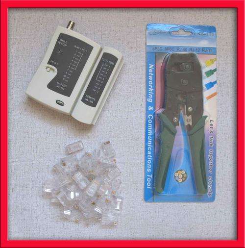 RJ45/RJ11/RJ12 CRIMPING TOOL, CABLE TESTER and 50 x RJ45 plugs