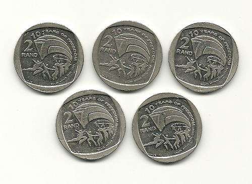 5 X R2.00 FREEDOM COINS. CIRCULATED. BID ON THE LOT!!!
