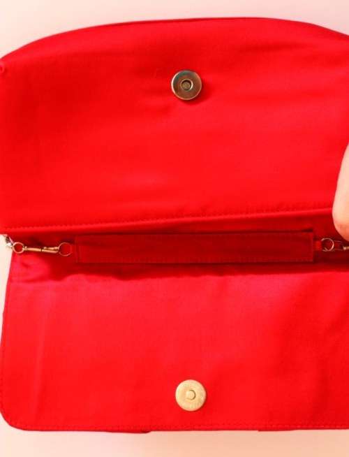 Brilliant red rose satin clutch bag with chain