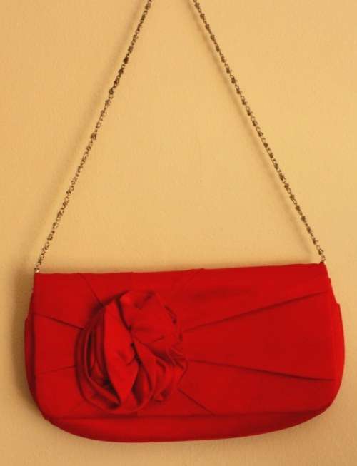 Brilliant red rose satin clutch bag with chain