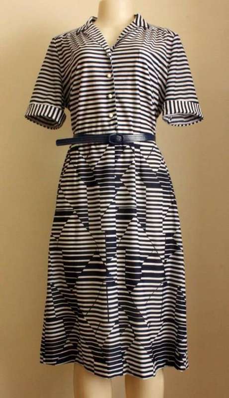 Navy and white striped dress with matching belt