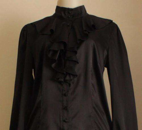 Black satin shirt with high collar and frills