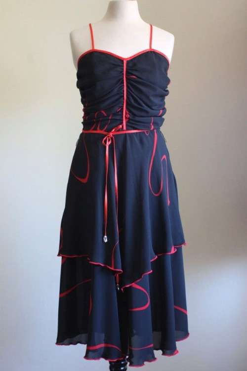 1970s black chiffon party dress with red contrasting detail