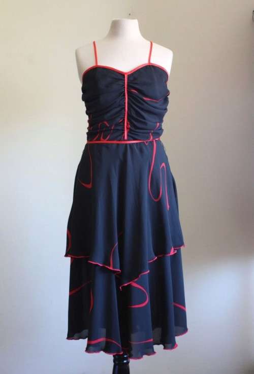 1970s black chiffon party dress with red contrasting detail