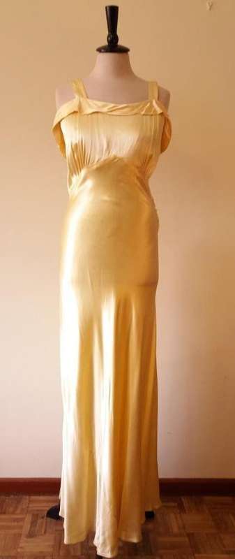 1940s yellow satin evening dress