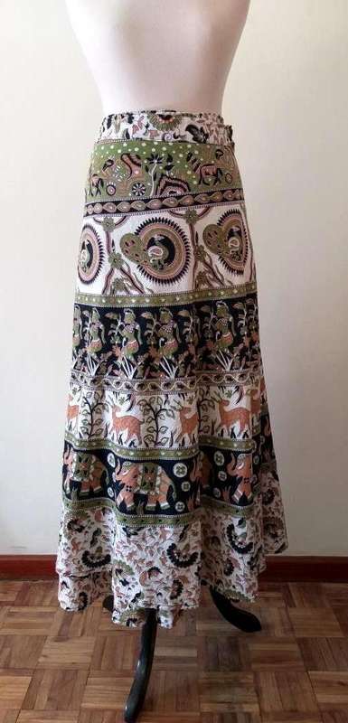 Indian cotton wraparound skirt with elephant print