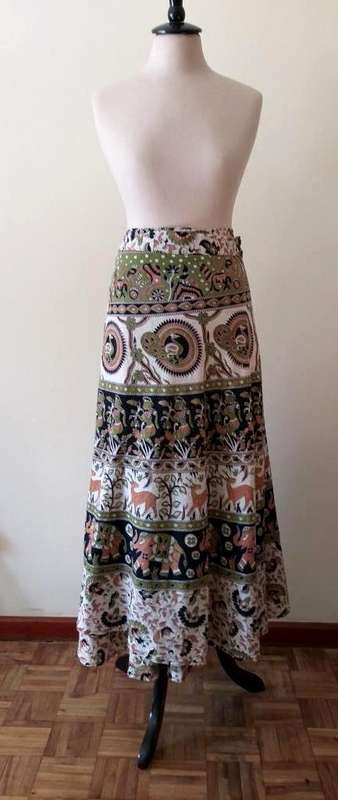 Indian cotton wraparound skirt with elephant print