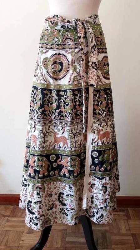 Indian cotton wraparound skirt with elephant print