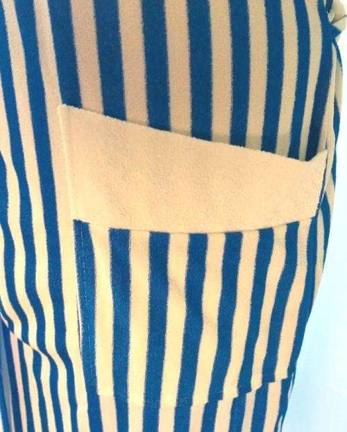 Blue and white striped towelling gown