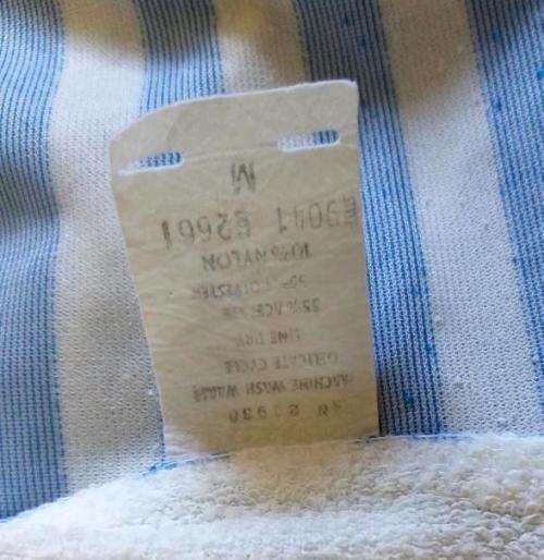 Blue and white striped towelling gown