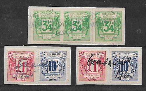 UNCATALOGUED SOUTHERN RHODESIA PERSONAL TAX STAMPS ON PIECE TO £1,00 !!!