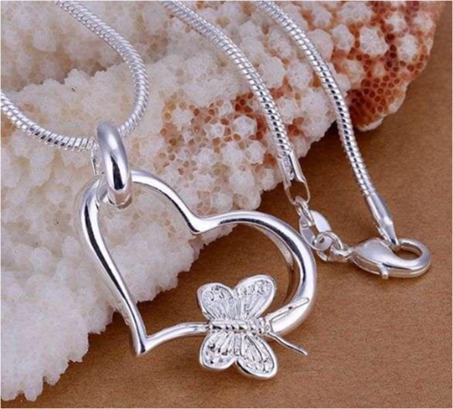 925 Sterling Silver Heart Butterfly Pendant Necklace