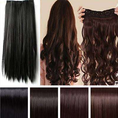 Full Head Straight Synthetic Hair Extension with 5 Clips Black #1
