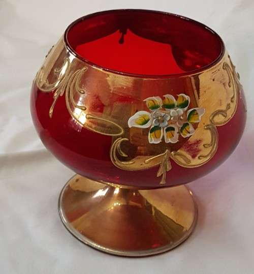 Ruby red Bohemian hand painted globlet-shaped vase