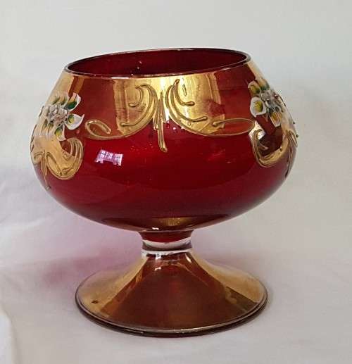 Ruby red Bohemian hand painted globlet-shaped vase