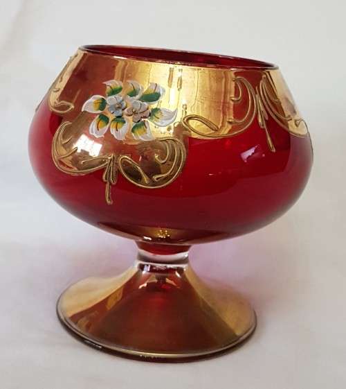 Ruby red Bohemian hand painted globlet-shaped vase