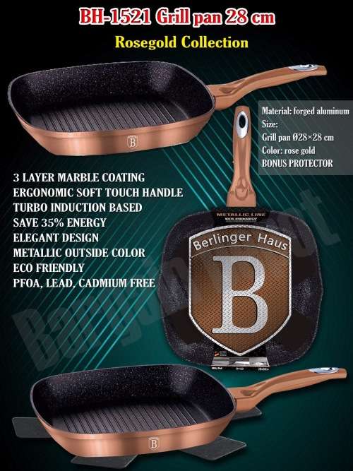Berlinger Haus 28cm Marble Coating Grill Pan - Rose Gold Metallic Line