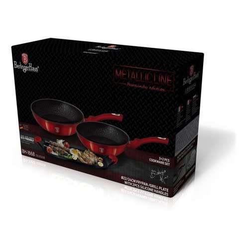Berlinger Haus Marble Coating Frypan & Grill Plate 3 Piece Set - Burgundy Metallic