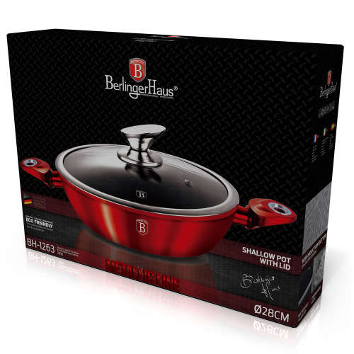 Berlinger Haus BH-1263 Marble coating induction Shallow Pot with Lid, 28CM Burgandy Metallic Line