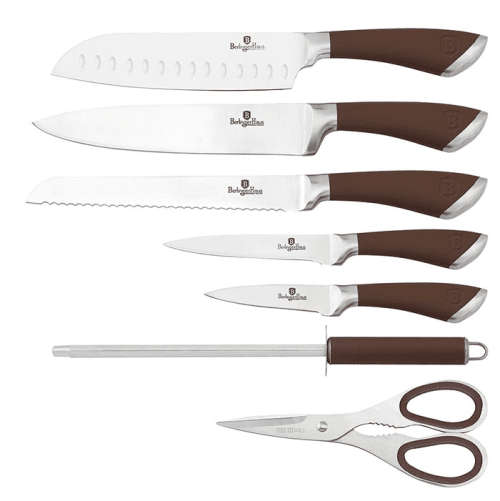 FREE SHIPPING BERLINGER HAUS BH-2047 8 pcs knife set with stand, brown, SS, Infinity Line