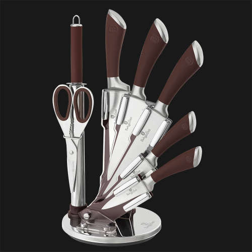 FREE SHIPPING BERLINGER HAUS BH-2047 8 pcs knife set with stand, brown, SS, Infinity Line