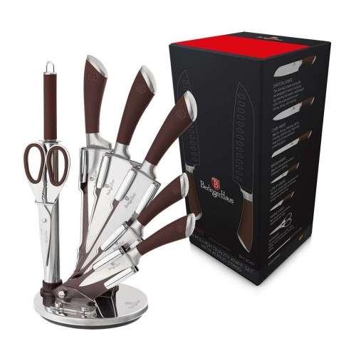 FREE SHIPPING BERLINGER HAUS BH-2047 8 pcs knife set with stand, brown, SS, Infinity Line