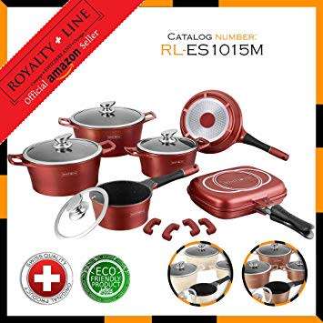 Royalty Line 15-Piece Marble Coating Cookware Set - Burgundy RL-ES1015M