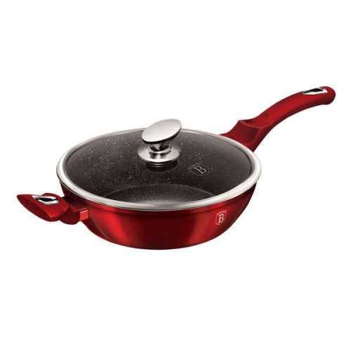 BERLINGER HAUS 28CM MARBLE COATING DEEP FRY PAN WITH LID- BURGUNDY METALLIC