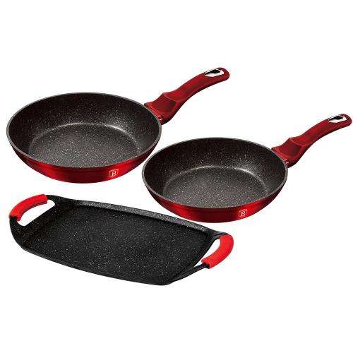 BERLINGER HAUS MARBLE COATING 3-PIECE FRYPAN AND GRILL PLAT SET - BURGUNDY METALLIC