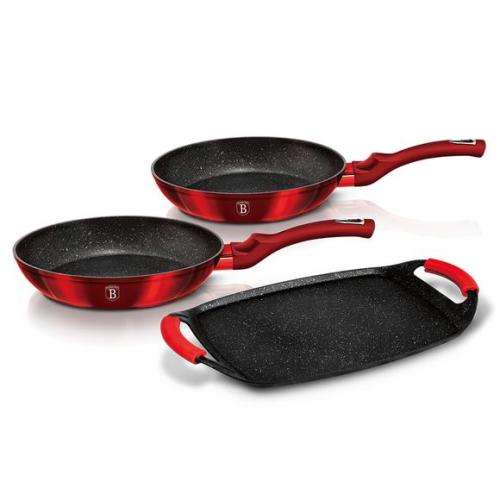 BERLINGER HAUS MARBLE COATING 3-PIECE FRYPAN AND GRILL PLAT SET - BURGUNDY METALLIC