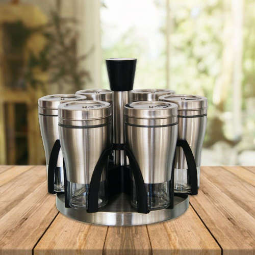 7 Piece Broad Glass Spice Jars in Stainless Steel Jacket & Rotating Spice Rack