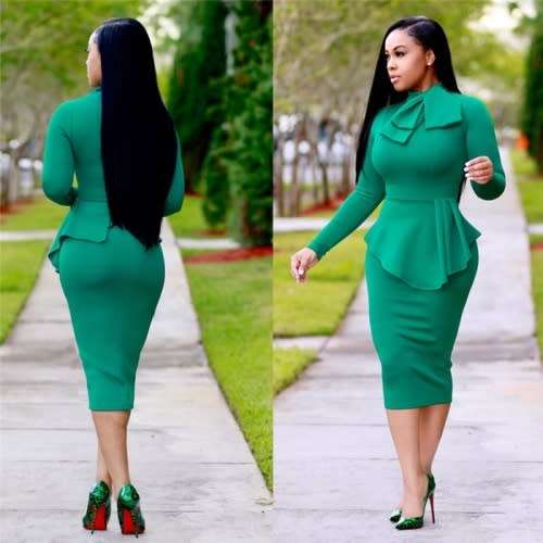 Mint Green Long Sleeve Office Midi Dress With Bow - M