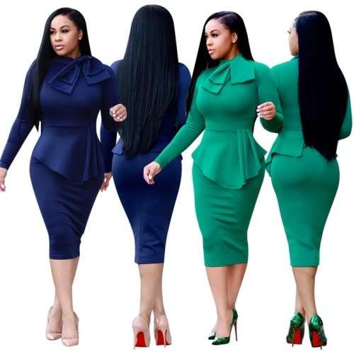 Mint Green Long Sleeve Office Midi Dress With Bow - M