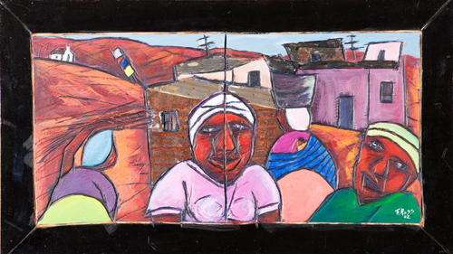 CHARITY AUCTION  - FRANK ROSS  -   ACRYLIC ON CARVED WOOD PANEL AND MIXED MEDIA .