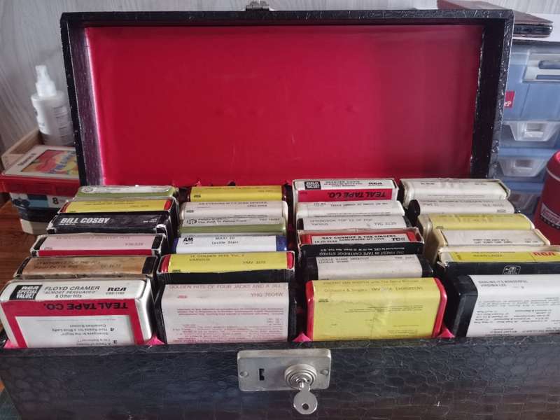 Vintage 8 track tapes x24  and lockable leather case